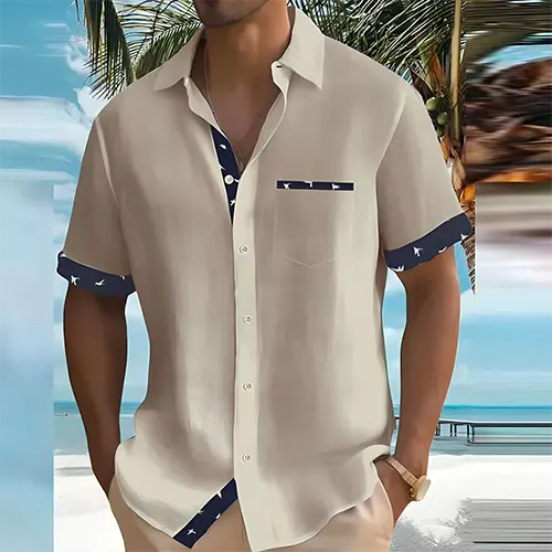 Camisa de cuello cubano de verano transpirable con detalles en contraste