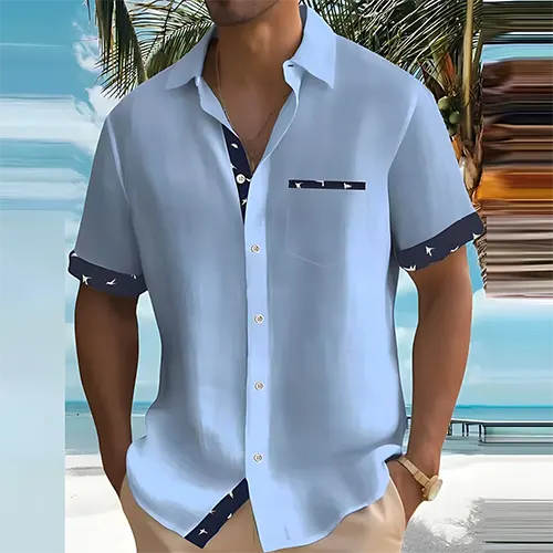 Camisa de cuello cubano de verano transpirable con detalles en contraste