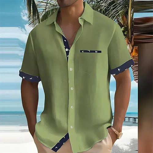 Camisa de cuello cubano de verano transpirable con detalles en contraste