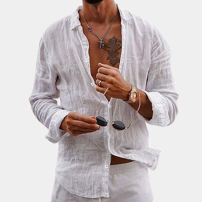 Camisa de hombre de manga larga en algodón y lino con corte clásico
