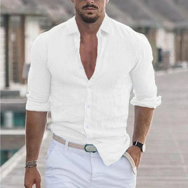 Camisa de lino para hombre con cuello camisero