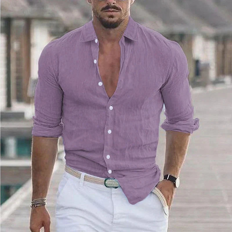 Camisa de lino para hombre con cuello camisero