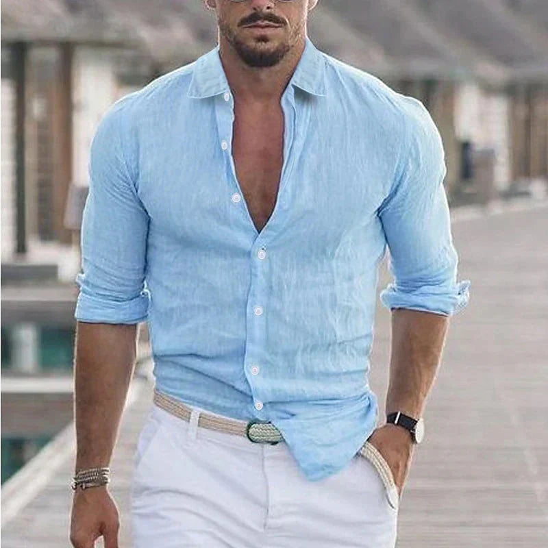 Camisa de lino para hombre con cuello camisero