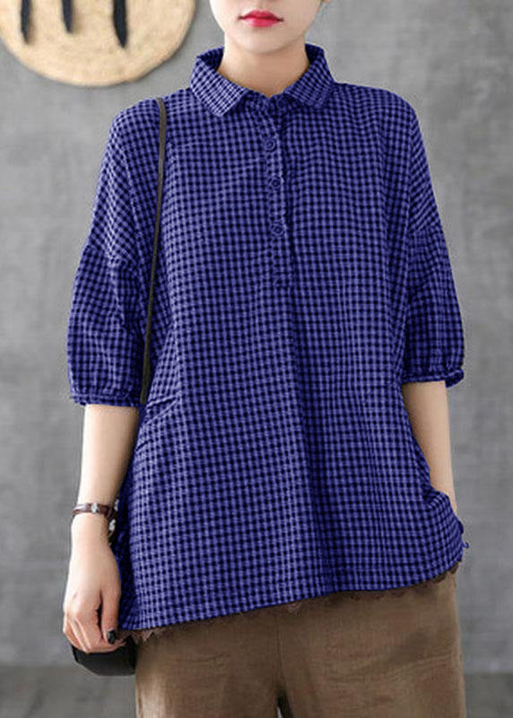 Camisa holgada de algodón y lino con encaje y estampado de cuadros