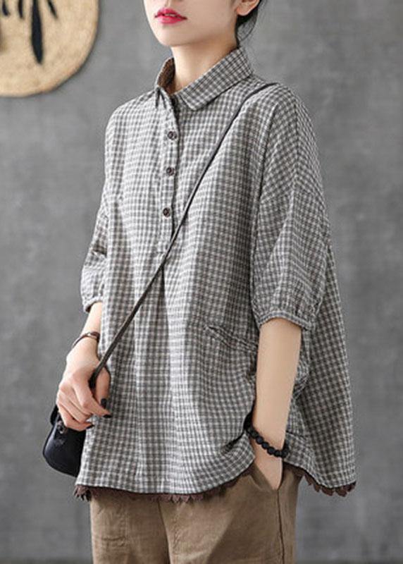 Camisa holgada de algodón y lino con encaje y estampado de cuadros
