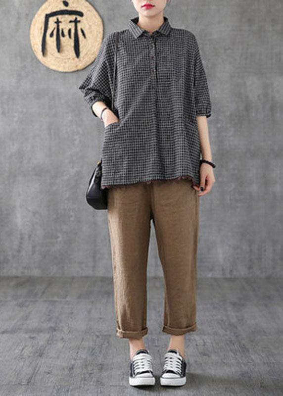 Camisa holgada de algodón y lino con encaje y estampado de cuadros