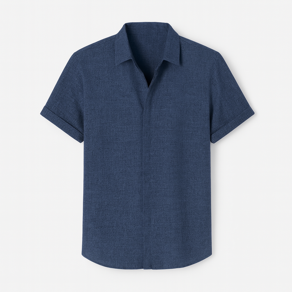 Camisa para Hombre de Manga Corta con Cierre de Botones en Mezcla Transpirable de Algodón y Lino - Corte Regular