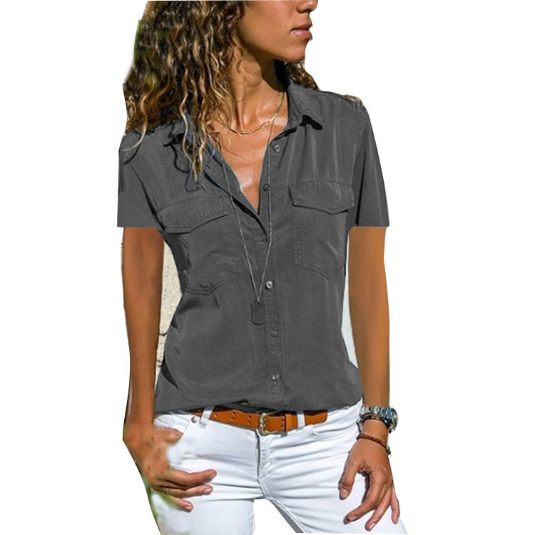 Camisa para mujer de manga corta con botones y bolsillos