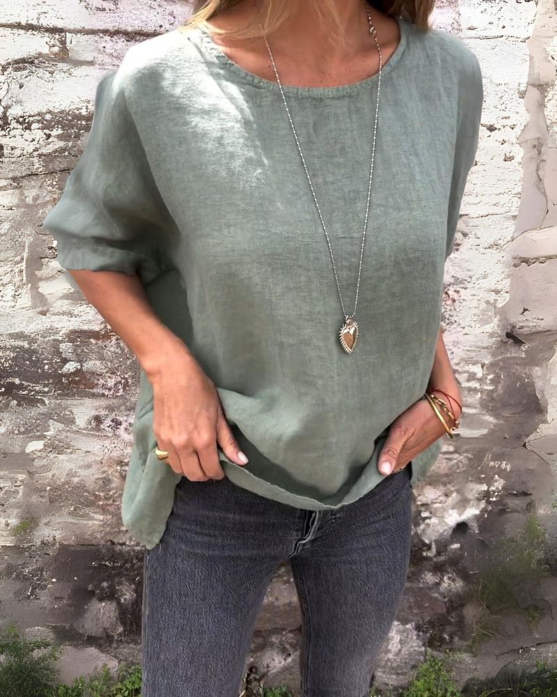 Camiseta de algodón y lino con cuello redondo