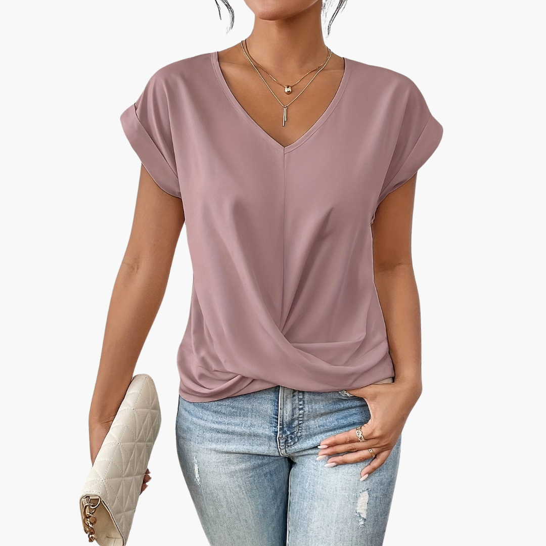 Camiseta para mujer con cuello en V y nudo cruzado en la parte delantera