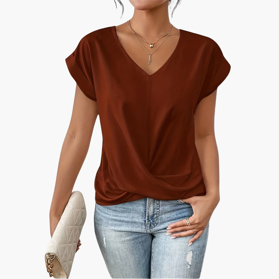 Camiseta para mujer con cuello en V y nudo cruzado en la parte delantera