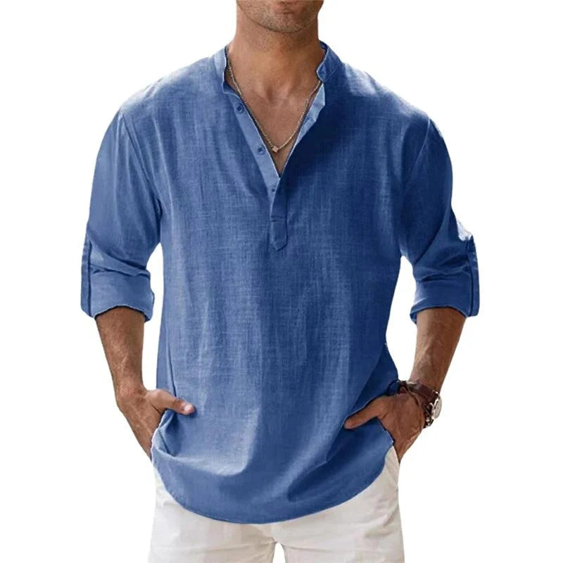 Camiseta Polo Clásica de Manga Larga con Cuello Chino para Hombre