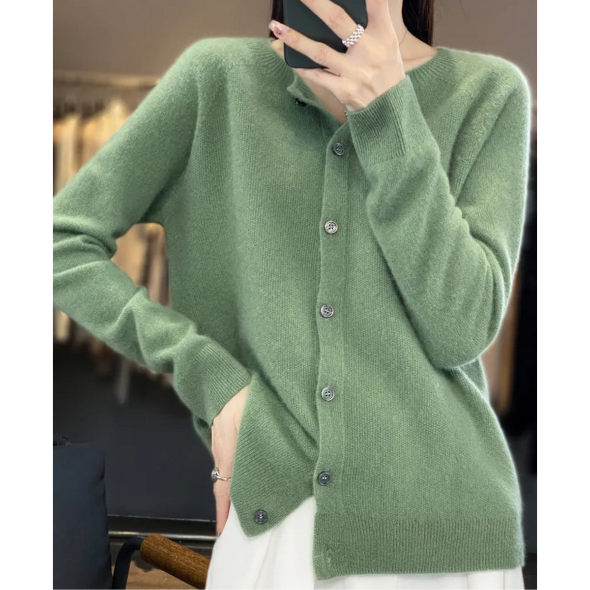 Cárdigan de lana para mujer con cuello redondo - Jersey de punto blanco