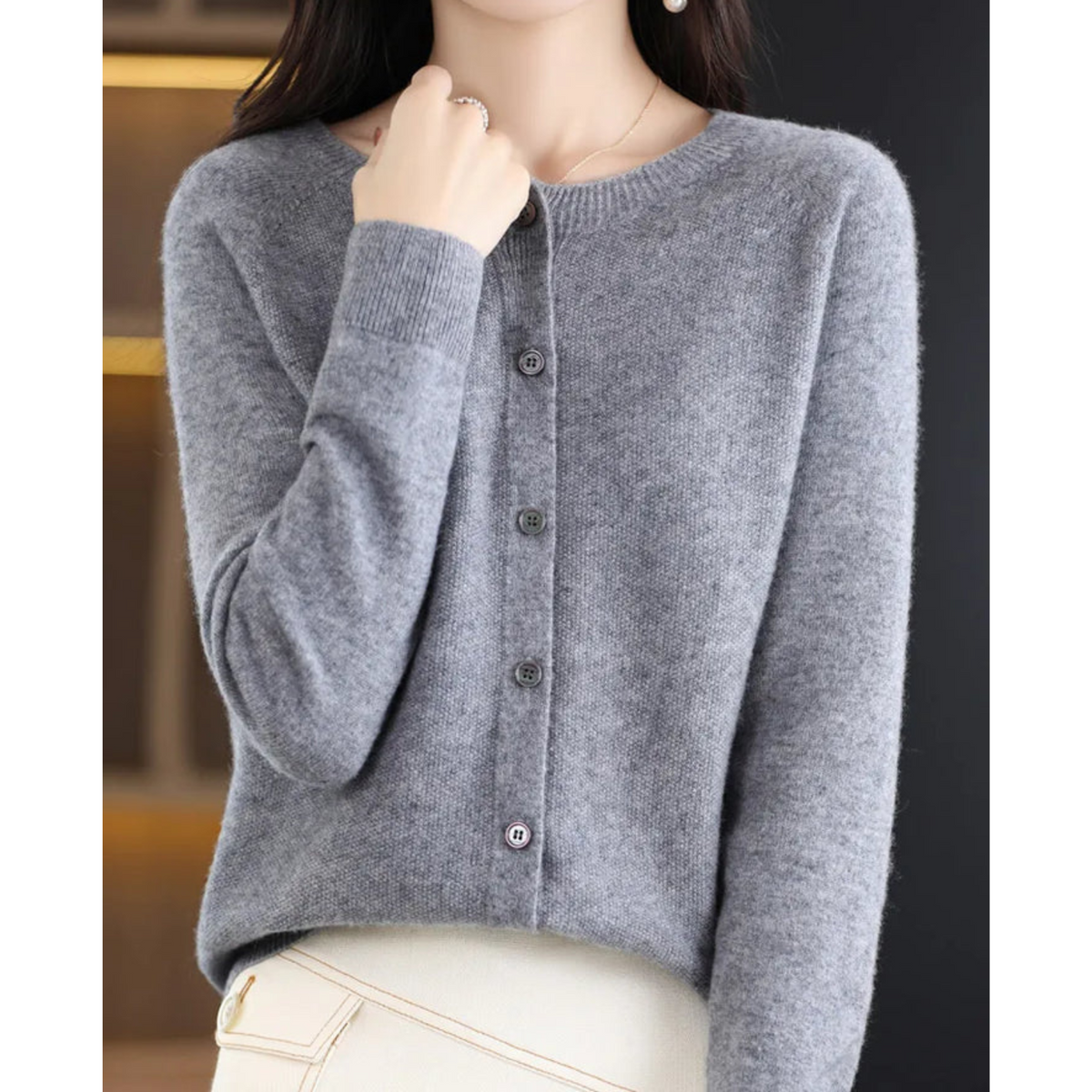Cárdigan de lana para mujer con cuello redondo - Jersey de punto blanco