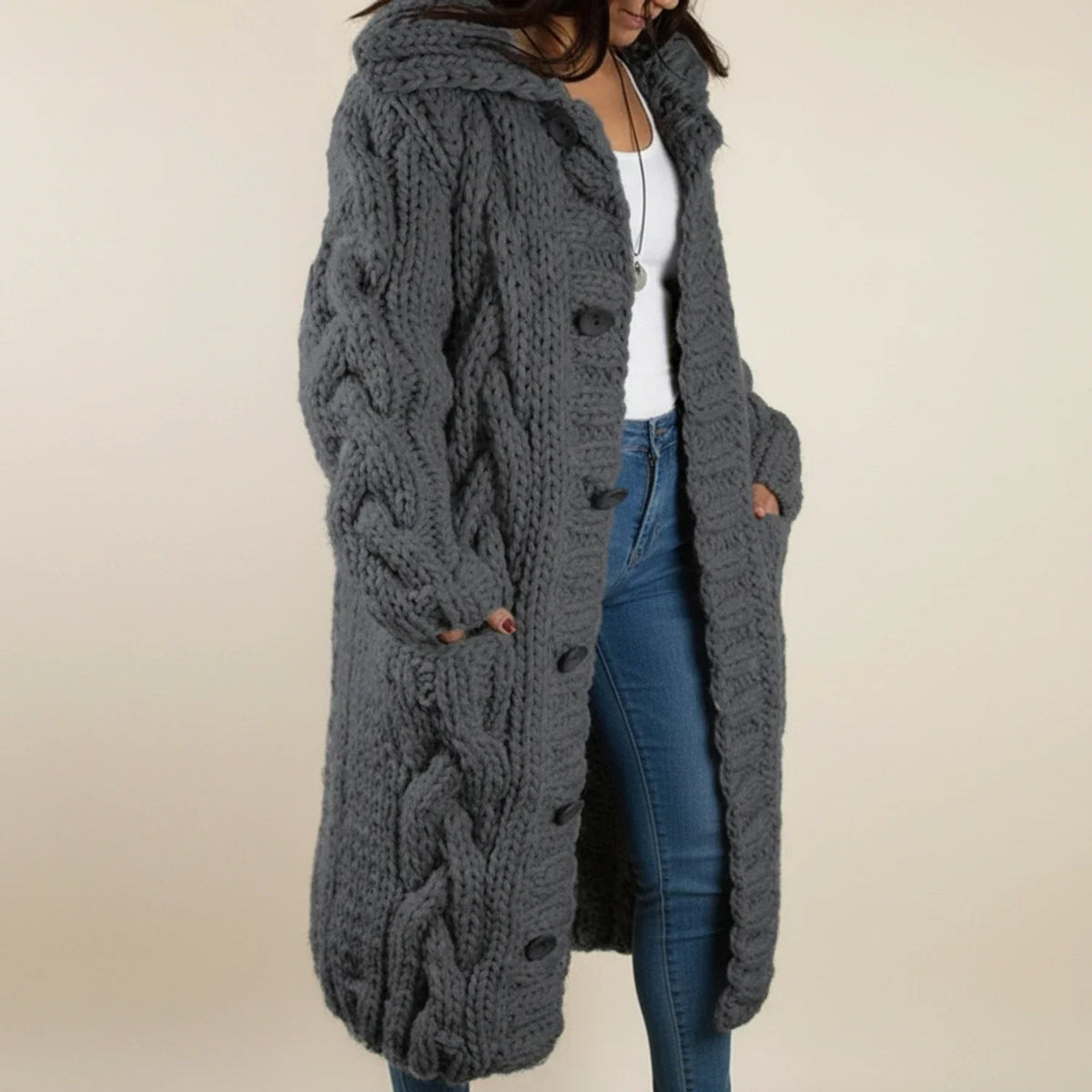 Cárdigan largo de invierno con capucha para mujer