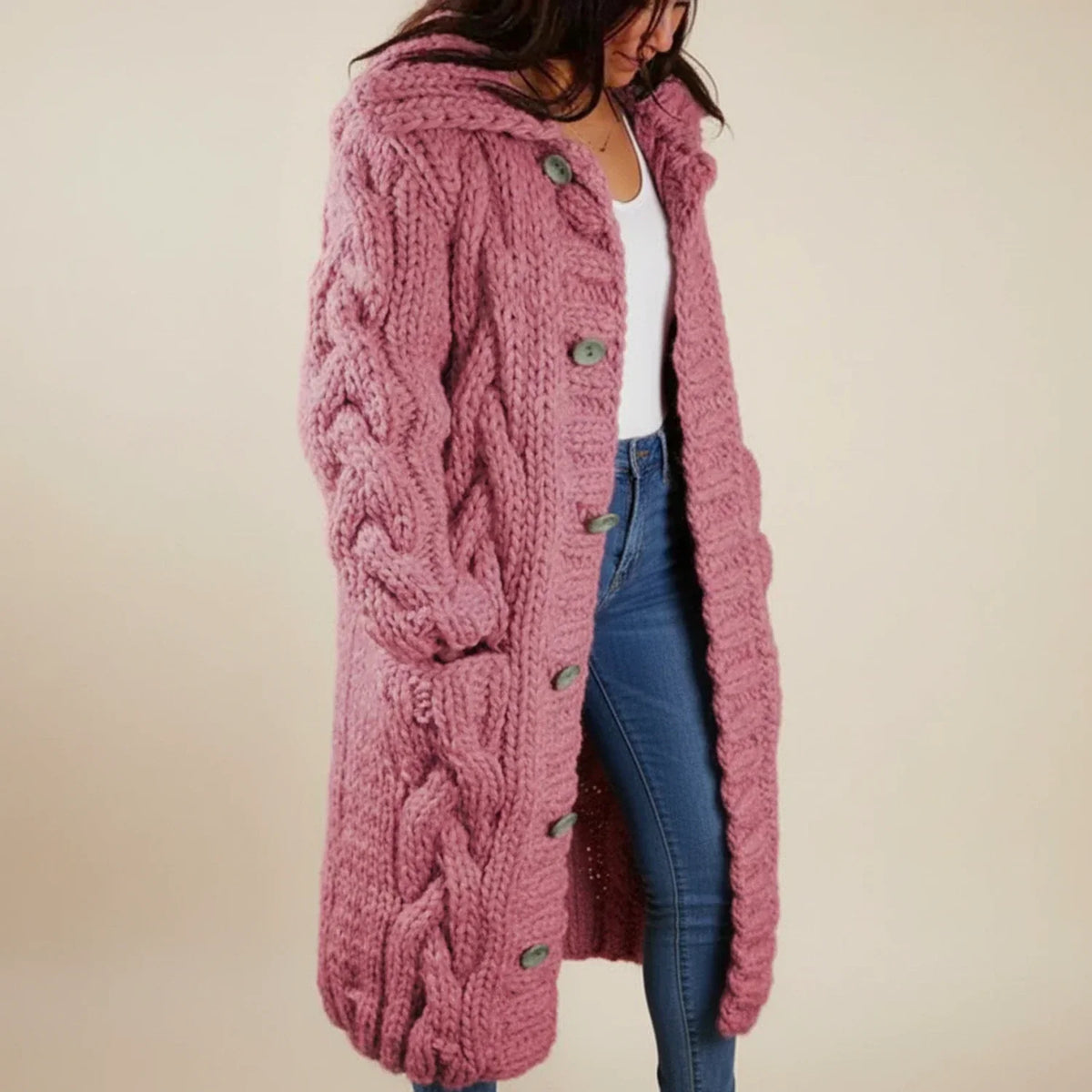 Cárdigan largo de invierno con capucha para mujer