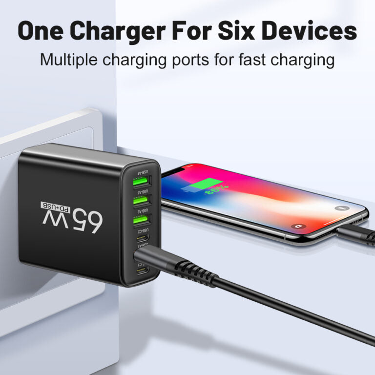 Cargador USB de 65 W con seis puertos para oficina, hogar y viajes