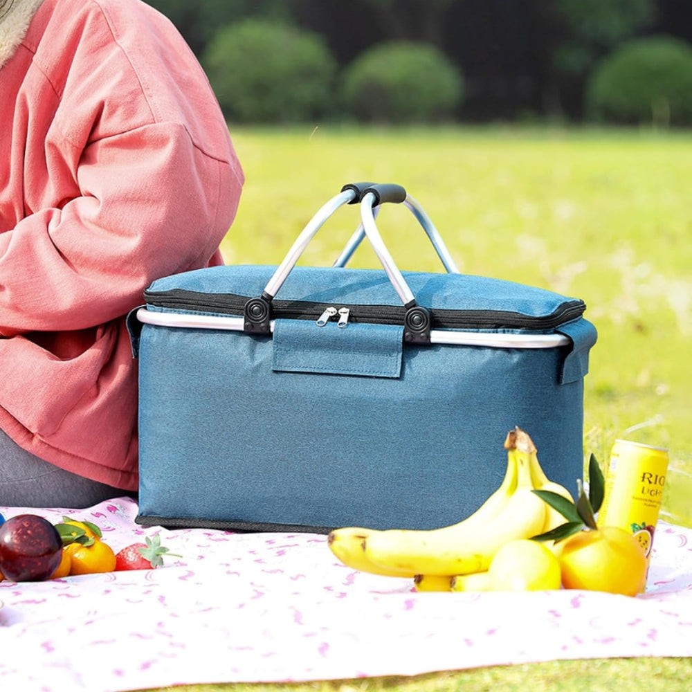 Cesta de Picnic Plegable de 18 L - Tela Oxford Impermeable - Estructura de Aluminio - Negro, Gris y Azul