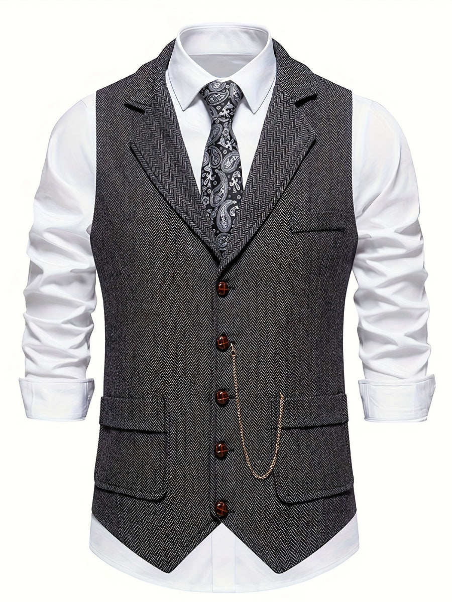 Chaleco de vestir retro para hombre con estampado de espiga y solapa con muesca
