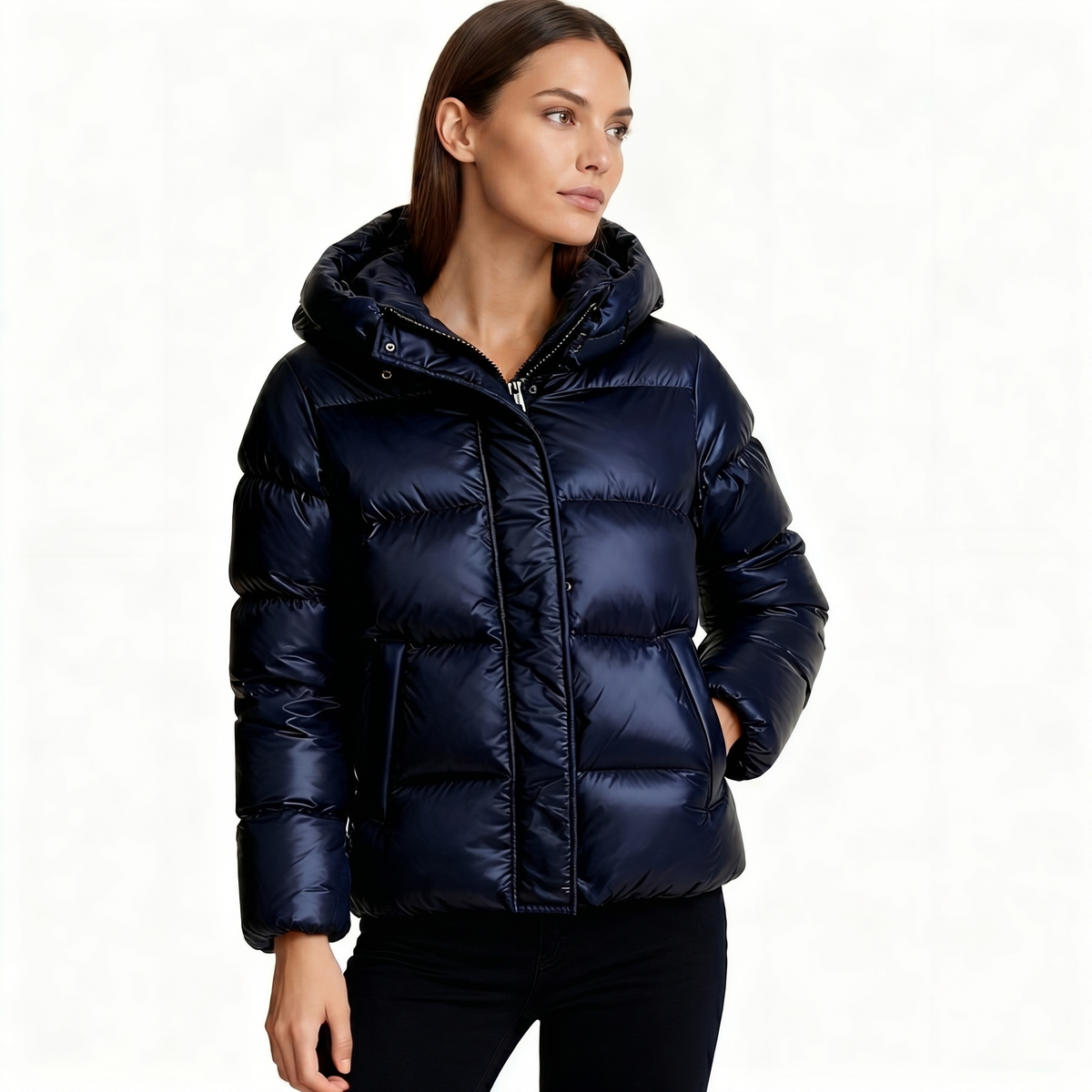 Chaqueta Acolchada Brillante para Mujer | Abrigo Corto con Capucha | Corte Oversized