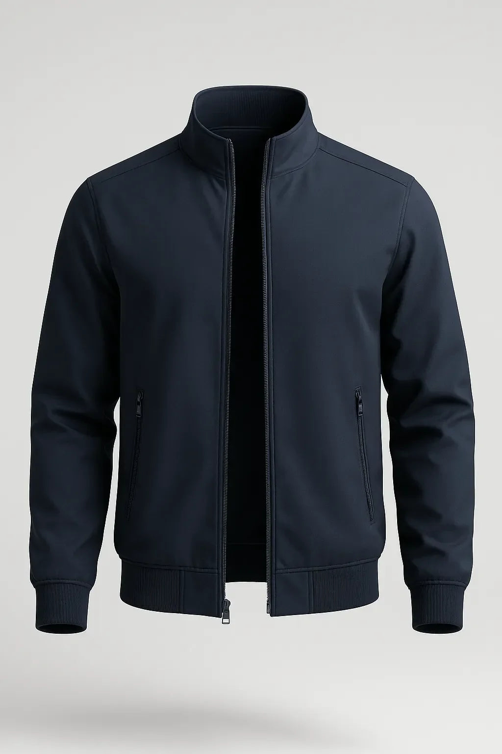 Chaqueta bomber clásica de hombre en azul marino con cremallera – Chaqueta ligera de entretiempo de poliéster resistente con bolsillos y puños acanalados