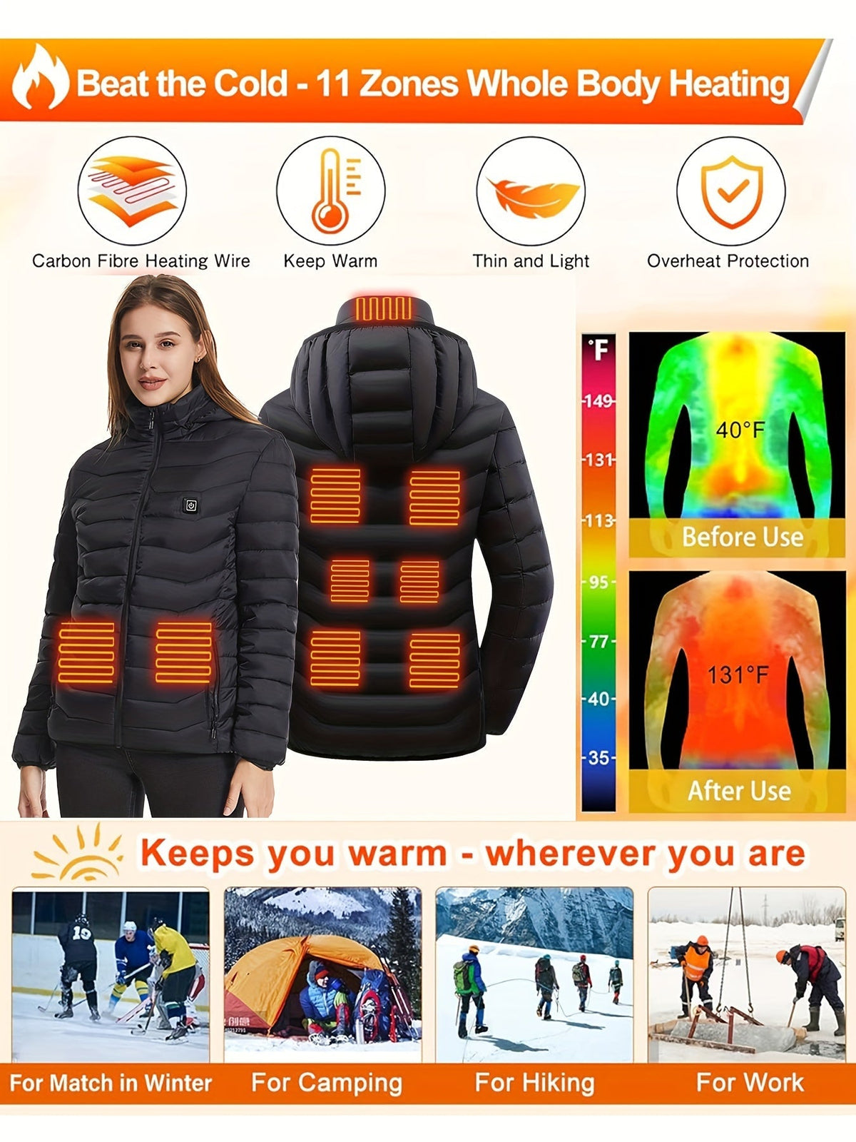 Chaqueta calefactable para mujer: ligera y recargable por USB