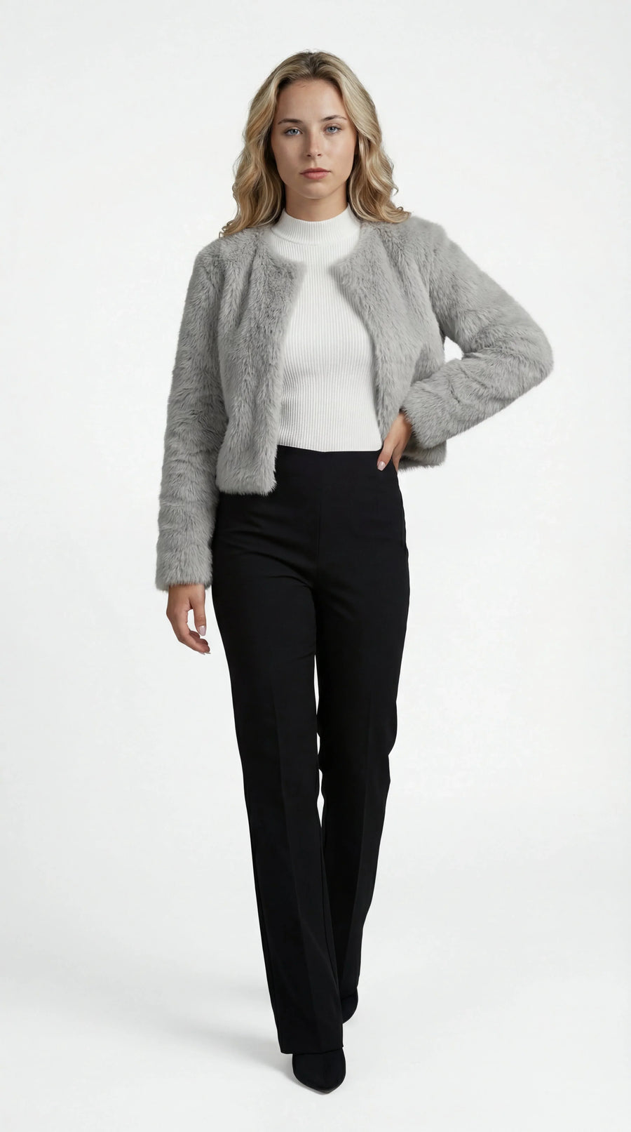 Chaqueta corta de pelo sintético suave con cuello redondo y corte recto para mujer