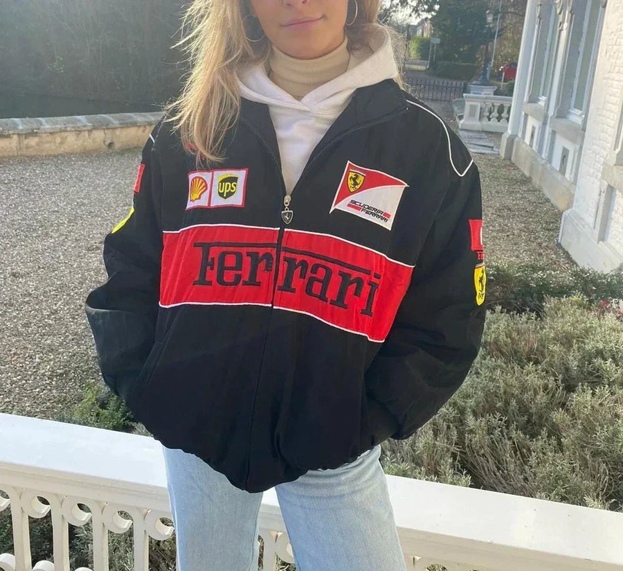Chaqueta de Carrera Oversize para Mujer | Estilo Motorsport con Bloques de Color y Parches
