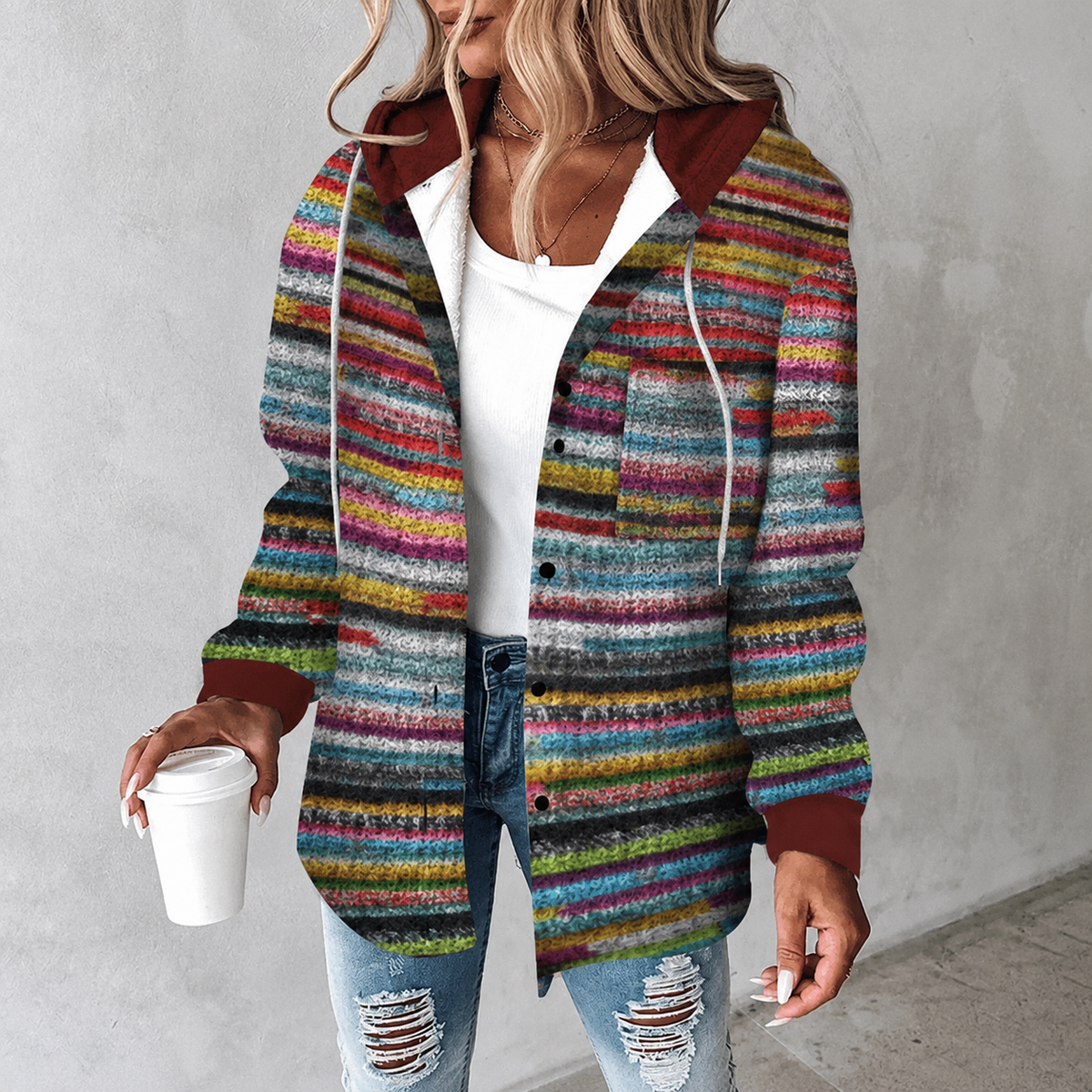 Chaqueta de punto a rayas con capucha para mujer
