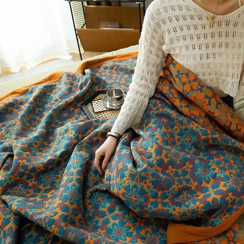 Colcha de algodón de seis capas con estampado azul