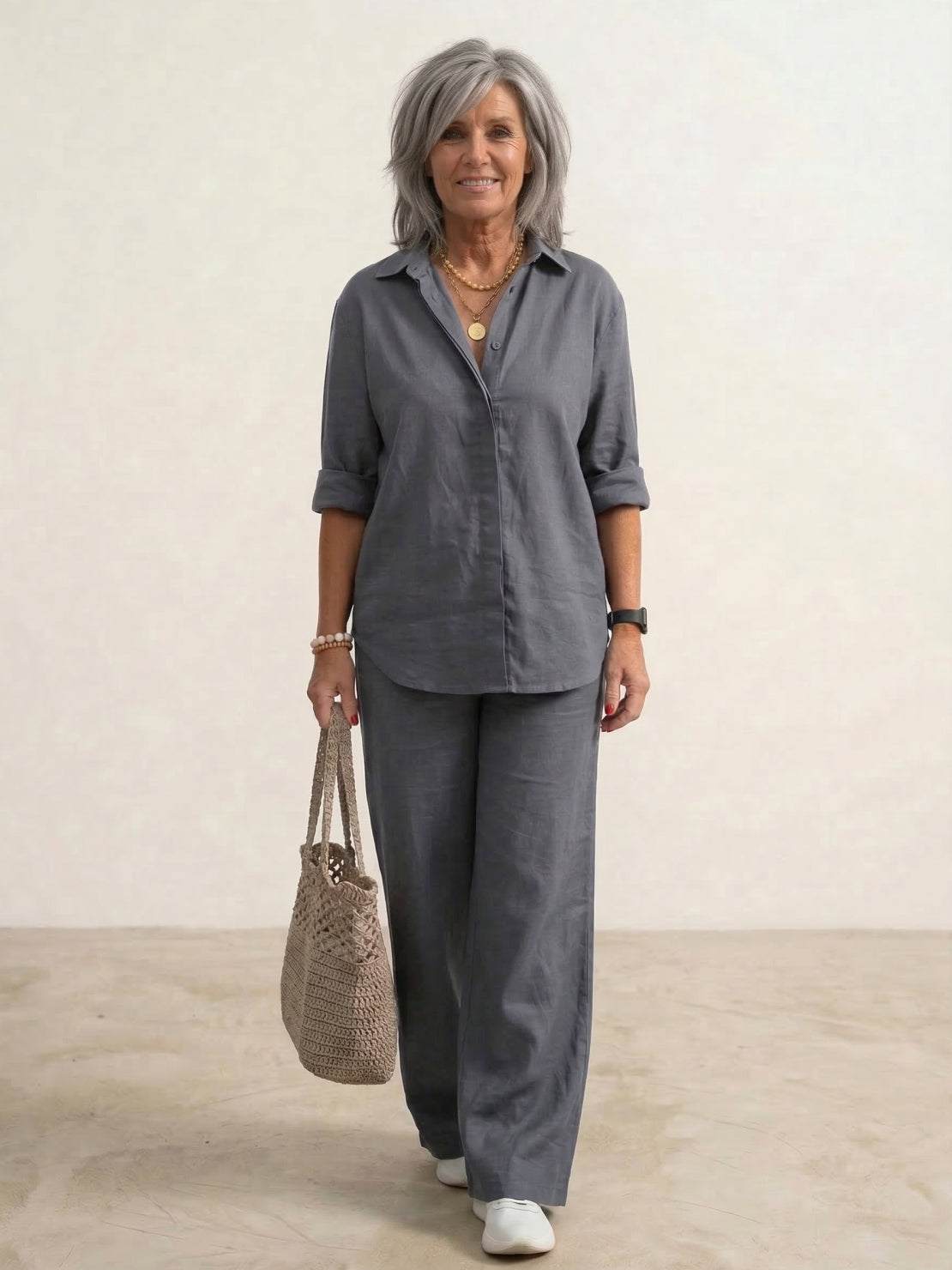 Conjunto a juego para mujer de camisa oversize y pantalón pernera ancha – Conjunto casual de dos piezas en mezcla de algodón
