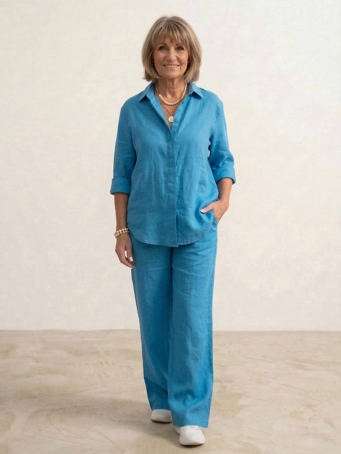 Conjunto a juego para mujer de camisa oversize y pantalón pernera ancha – Conjunto casual de dos piezas en mezcla de algodón