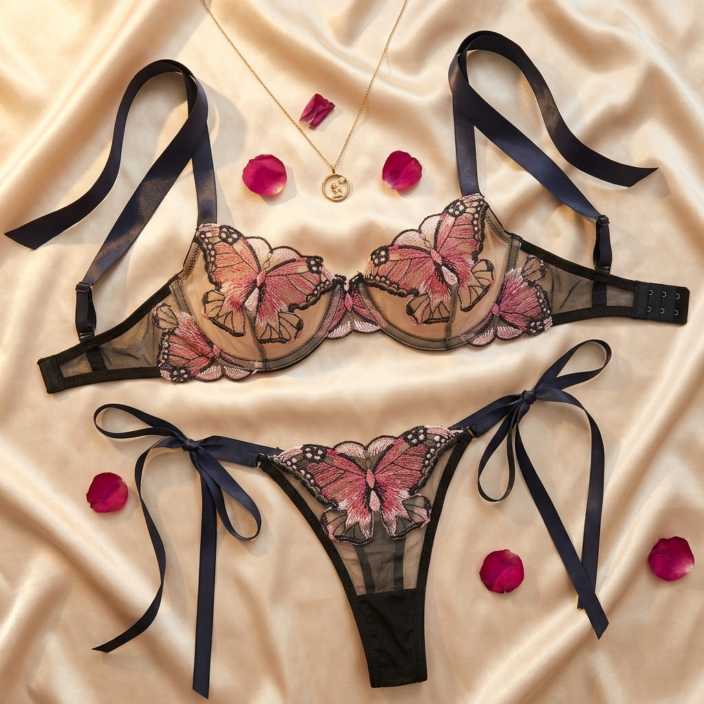 Conjunto de lencería con bordado de mariposas