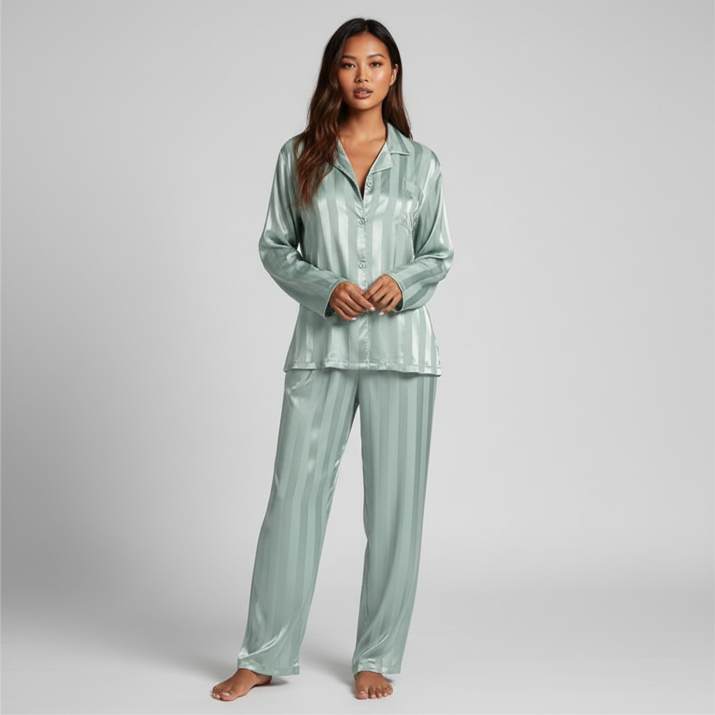 Conjunto de satén para mujer con blusa y pantalones largos de diseño elegante