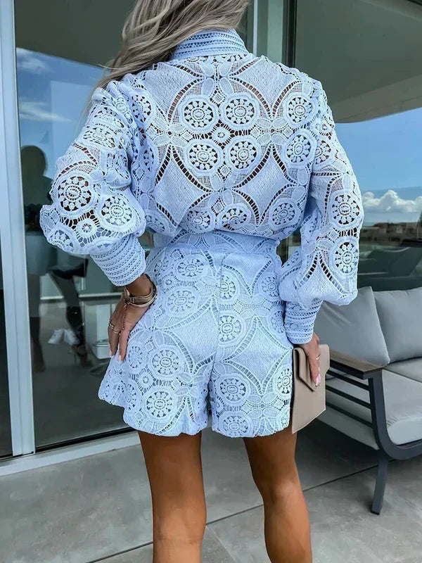 Conjunto de verano de dos piezas para mujer estilo boho con detalles calados