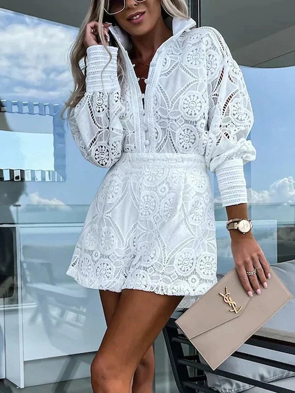 Conjunto de verano de dos piezas para mujer estilo boho con detalles calados
