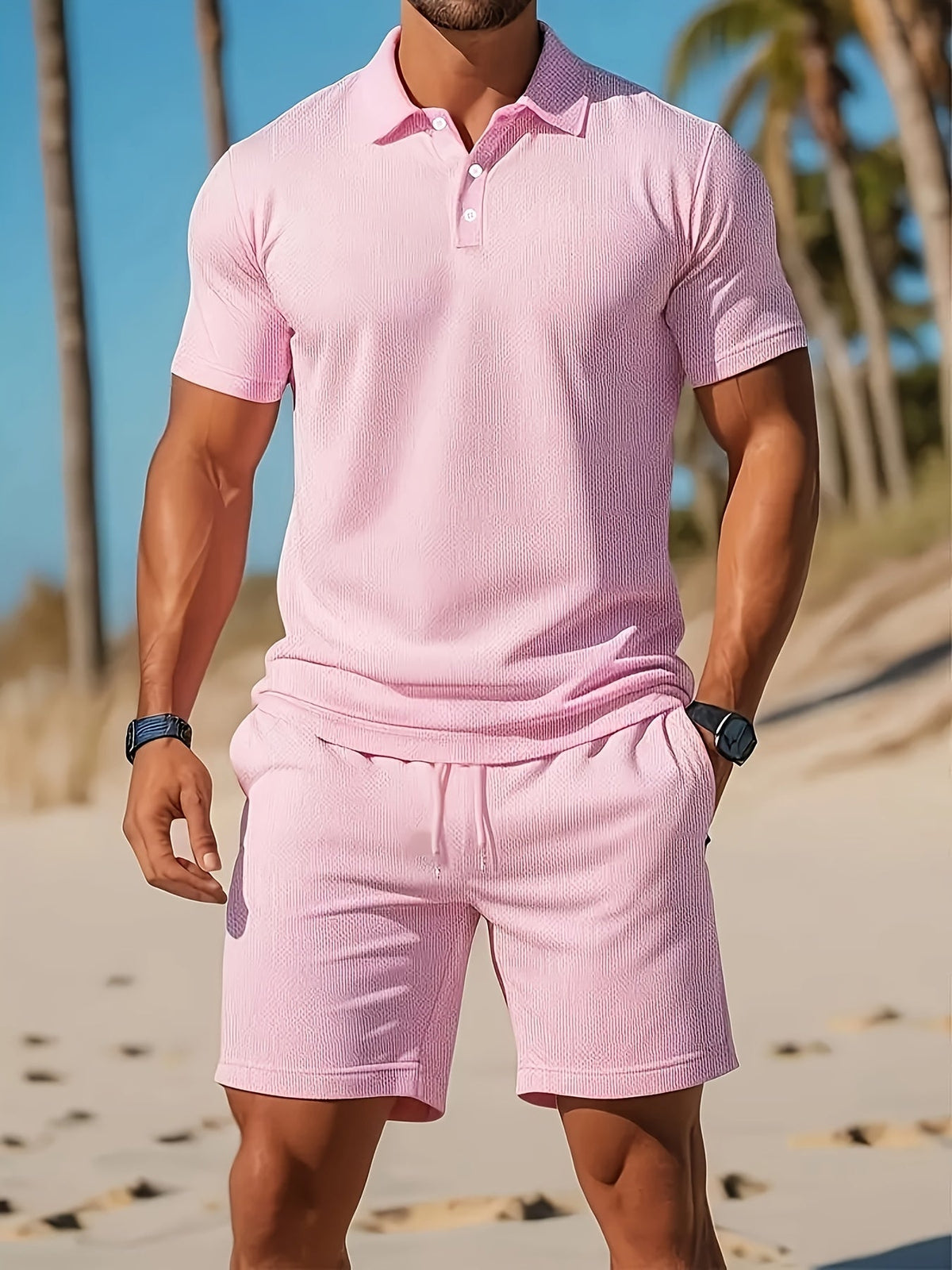 Conjunto de Verano para Hombre de Polo y Pantalón Corto con Estructura Tono sobre Tono