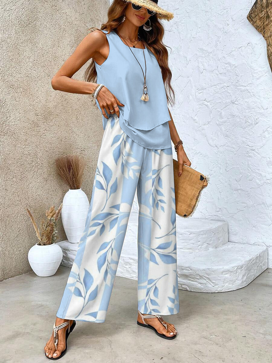 Conjunto elegante para mujer con estampado floral y pantalón cómodo