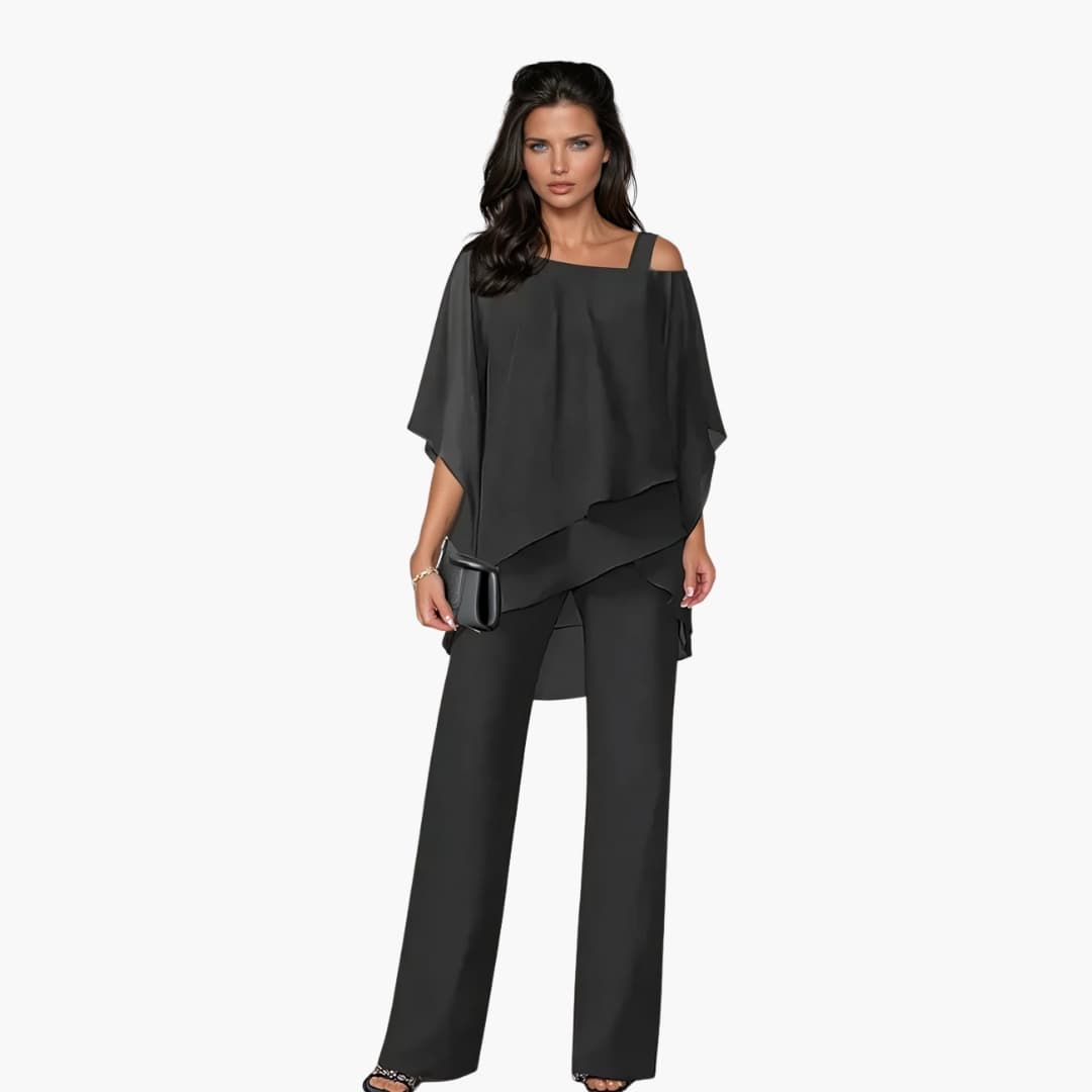 Conjunto para mujer de pantalón y blusa asimétrica con diseño a capas