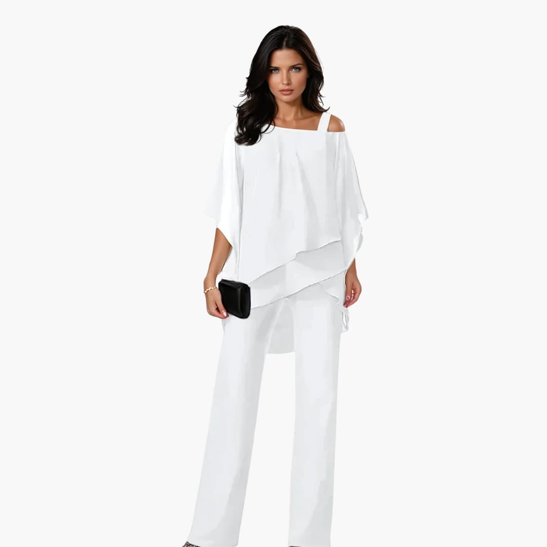Conjunto para mujer de pantalón y blusa asimétrica con diseño a capas