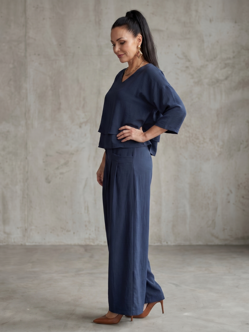 Conjunto para mujer estilo superpuesto con pantalón de pernera ancha
