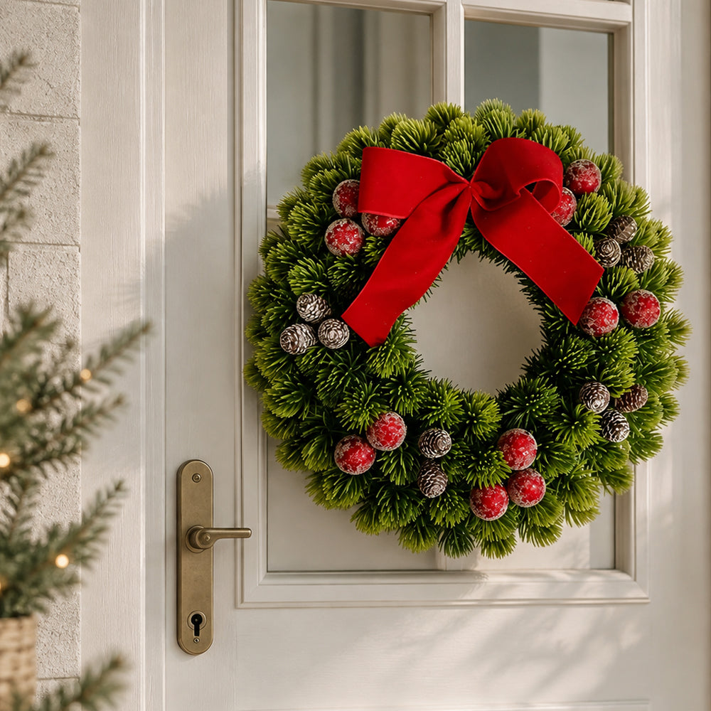Corona de Navidad de 33 cm con bayas rojas, piñas y lazo