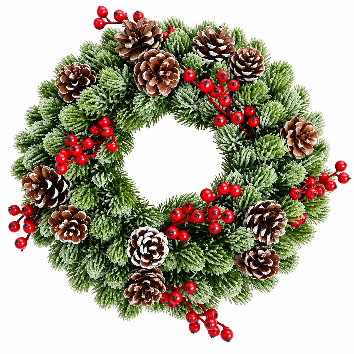 Corona de Navidad de 33 cm – Efecto nieve, bayas rojas y piñas