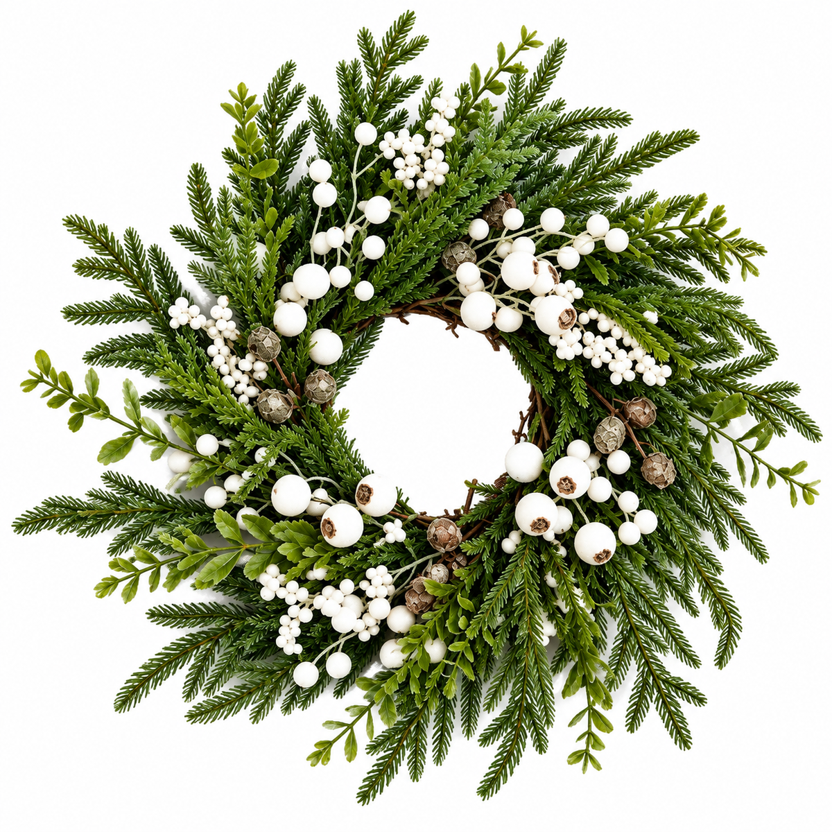 Corona navideña verde de aspecto natural con bayas blancas - 50 cm