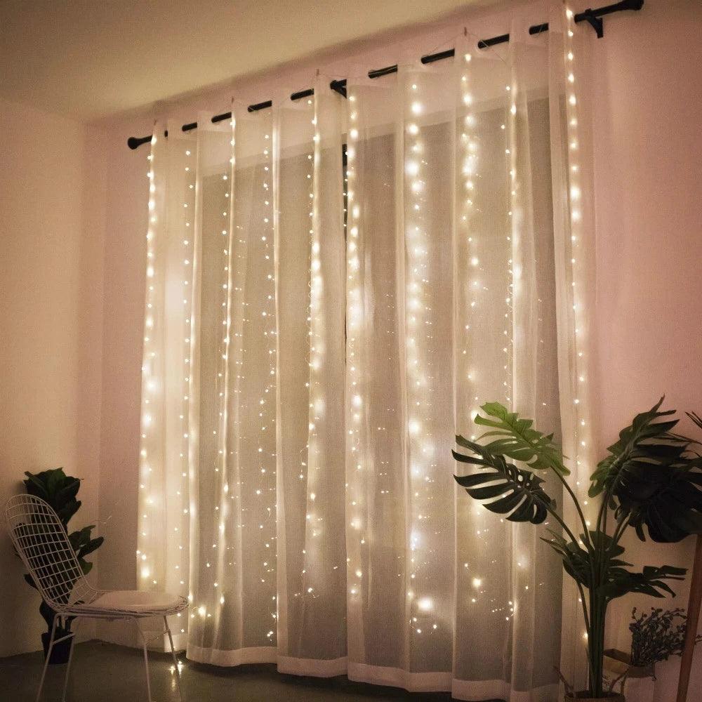 Cortina de luces LED navideña con 8 modos – Decoración impermeable para interiores y jardín