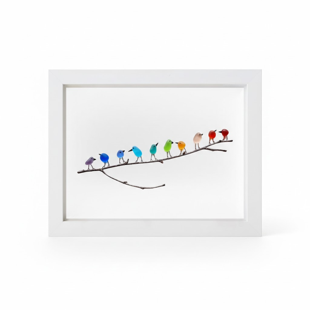 Cuadro Decorativo de Pared con Cristal de Mar, Pájaro y Madera Flotante, Decoración Costera