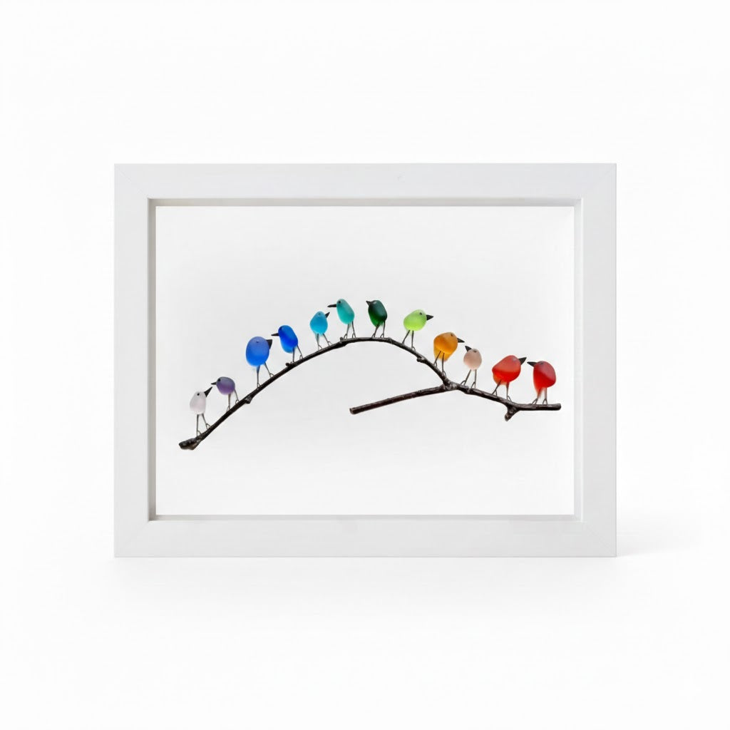 Cuadro Decorativo de Pared con Cristal de Mar, Pájaro y Madera Flotante, Decoración Costera