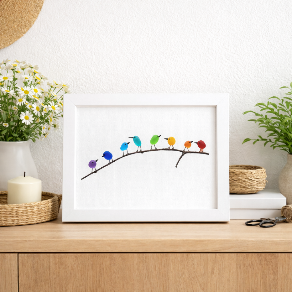 Cuadro Decorativo de Pared con Cristal de Mar, Pájaro y Madera Flotante, Decoración Costera