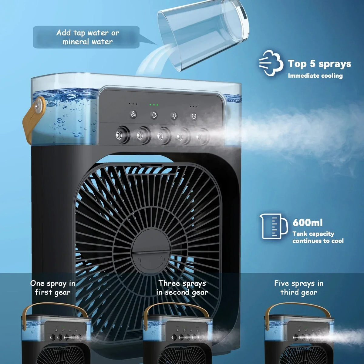 Enfriador de aire portátil 3 en 1 con humidificador y luz nocturna LED
