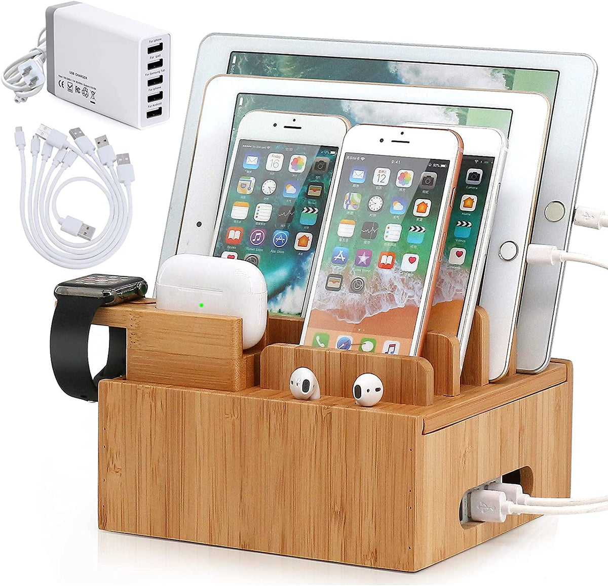 Estación de carga de bambú | USB de 5 puertos y organizador | Para smartphone, tablet y smartwatch | Incluye juego de cables
